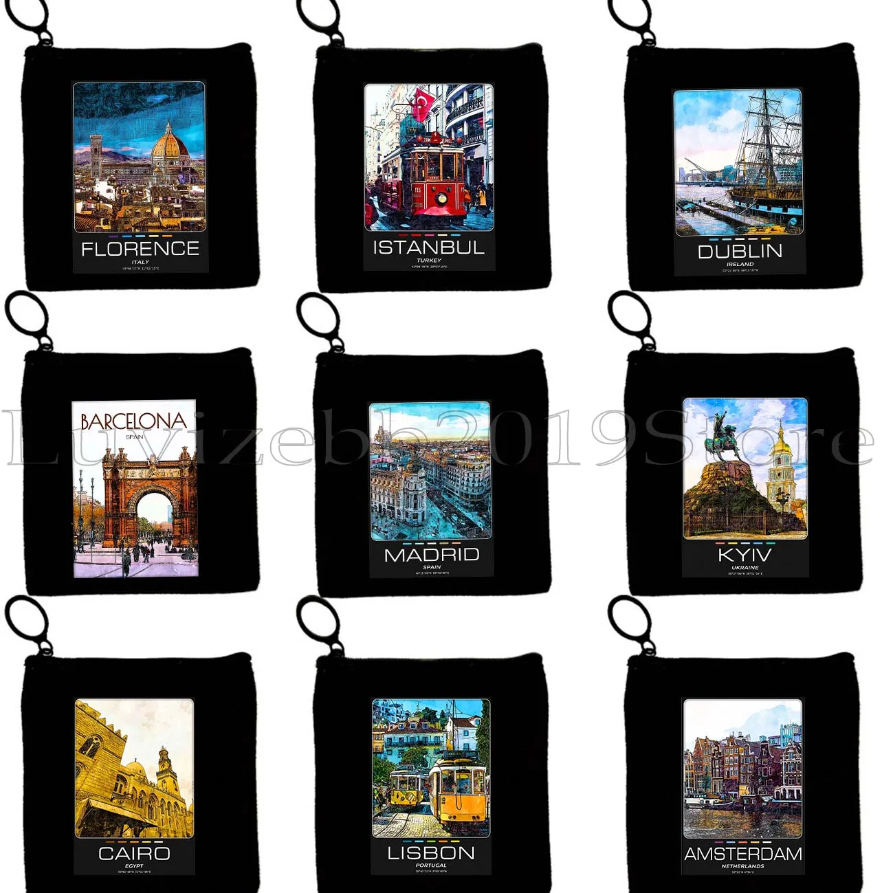 Amsterdam Dublin Barcelona Lisbon Kyiv Cairo Istanbul Madrid Athens Chicago Florence Canvas Coin Purse Key Case Bag Zipper Pouch