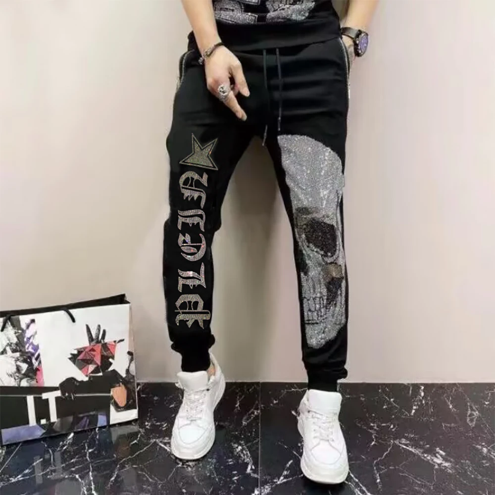Men's Street Style Sports Casual Pants Skull Head Diamond Heavy Craftsmanship Male Pants Hip-hop Trend Luxury Homme Clothing