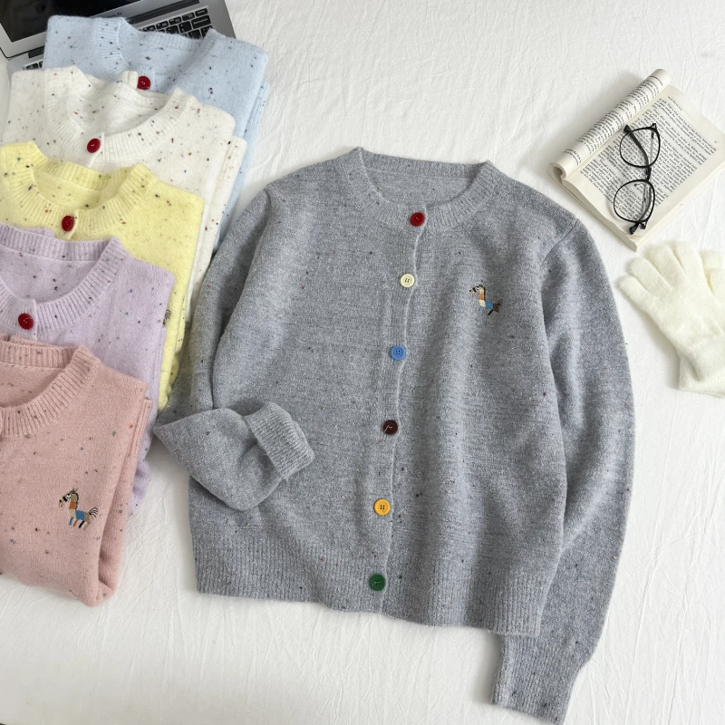 Pony Embroidered Sweater Cardigans for Women Fashion Korean Style Colorful Dots Buttons Women\'s Casual Knitting Tops Female