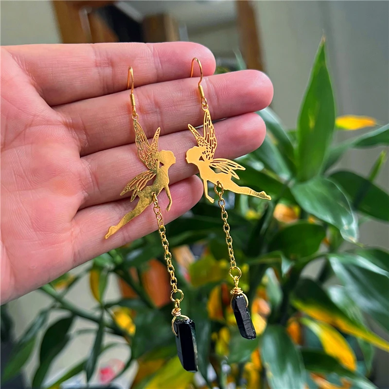 New Cute Crystal Earrings, Fairy Crystal Ear Hooks with Wings, Natural Quartz Crystal Earrings,Fringe Long Chain Crystal Jewelry