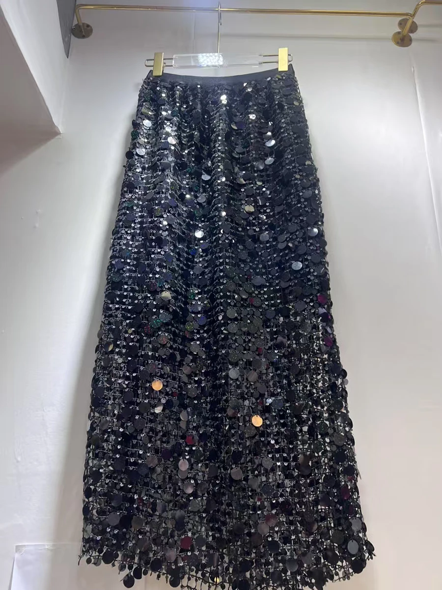 GALCAUR Solid Spliced Hollow Out Elegant Skirts for Women High Waist Patchwork Sequin Temperament Skirt Female Clothing Style