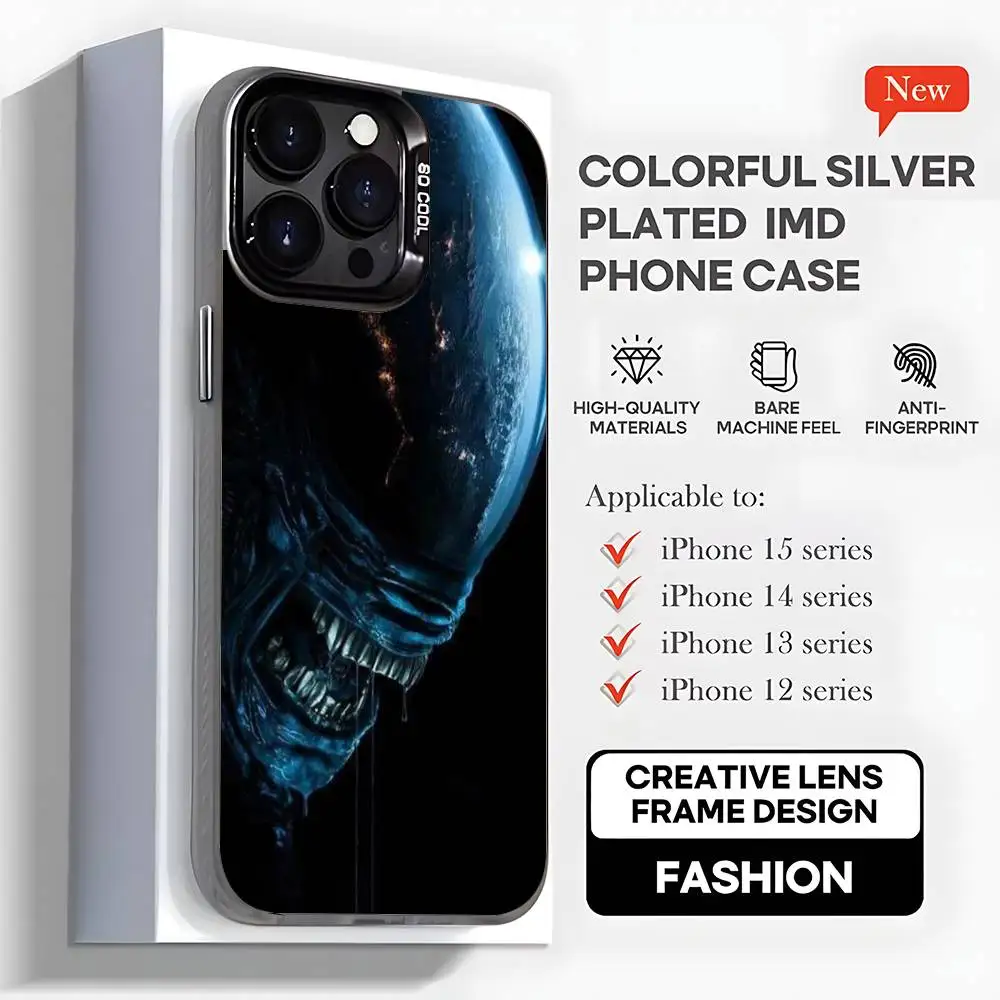حافظة هاتف A-Alien E-Earth Xenomorph لهاتف iPhone17,16,15,14,13,12,11,Mini,Pro,MAX,plus,Black Matte غطاء مقاوم للصدمات