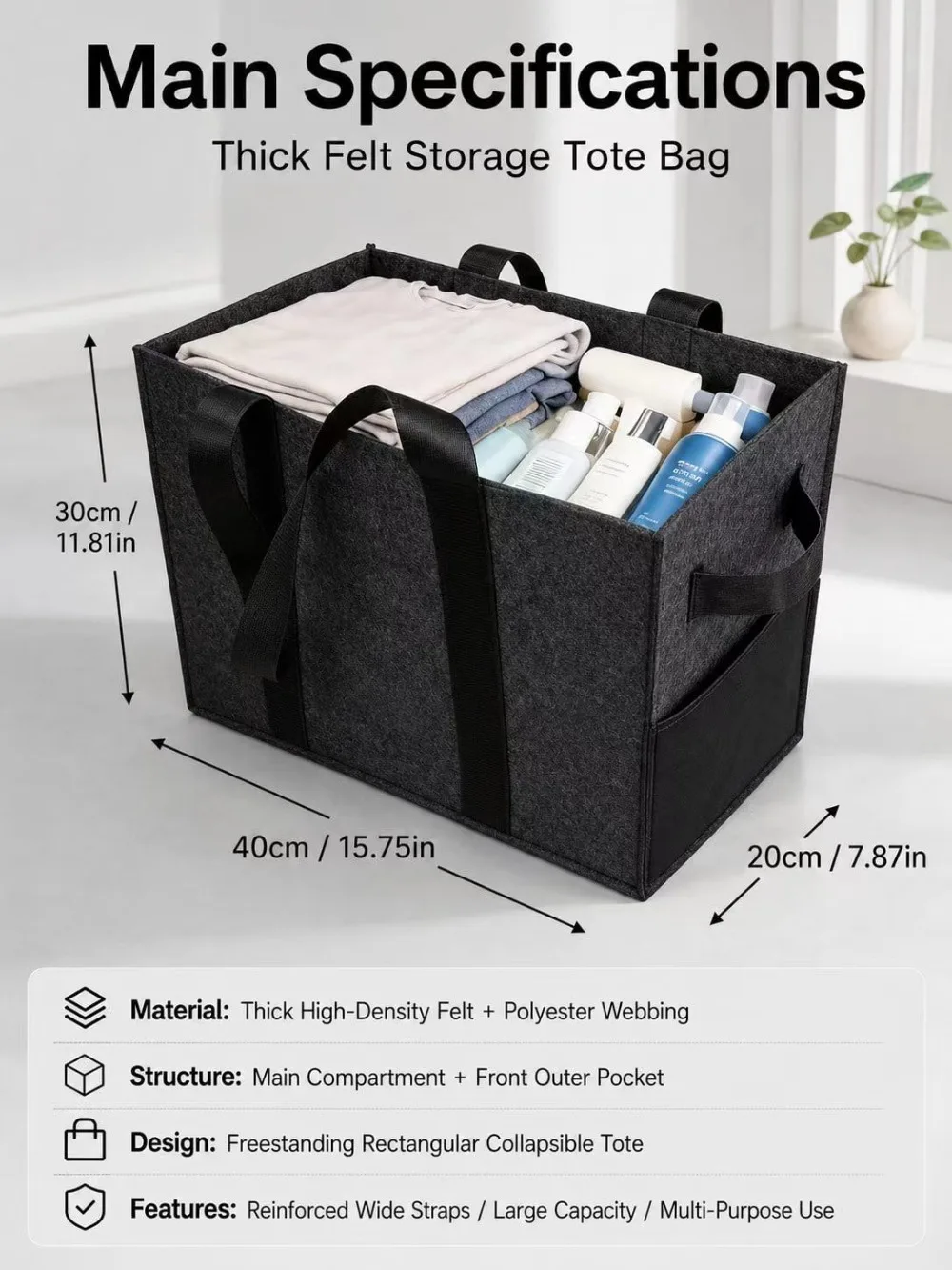 Extra dicke Filz-Aufbewahrungsbox mit Griffen, tragbare Tasche mit mehreren Fächern, die für die Aufbewahrung im Kofferraum verwendet werden kann – Detail 1