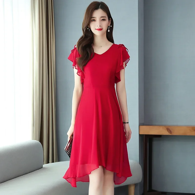 Chiffon dress summer dress slim slim V-neck fashion short front and long back skirt