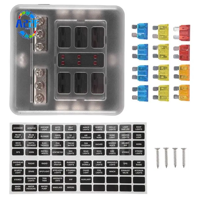 A22F-6-Way Waterproof Fuse Block,With LED Indicator 12 Circuits With Negative Marine Fuse Box For Dc 12/24V Car Boat RV Truck