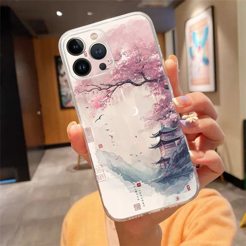 

Phone Case For iphone 17 Pro Max Air 16 15 14 13 Pro Max 15 16 Pro 15Plus Japan Sceneary Cherry Flower Mountain
