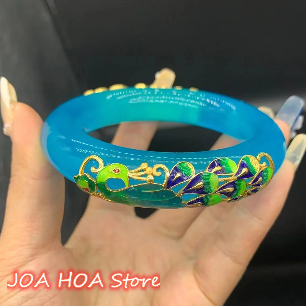 

Rare Inlaid Jade Bracelet High Ice Blue Quartzite Jadeite Expensive Bangles Quality Retro Noble Handring Fine Jewelry