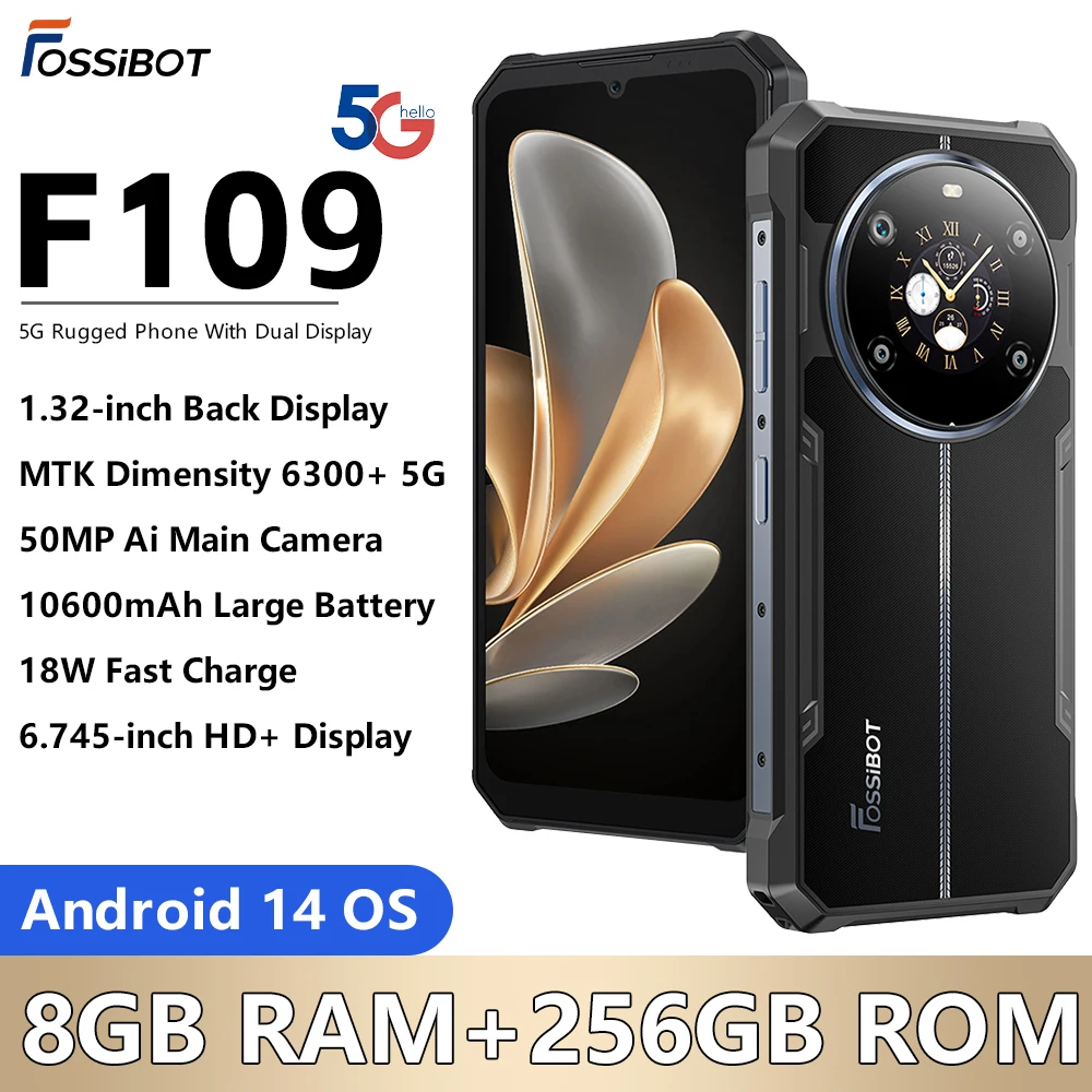 Versión Global Fossibot F109 Smartphone resistente Android14 6,75 "HD + 8GB RAM + 256GB ROM Dimensity 6300+ 5G 10600mAh 50MP Pantalla Dual