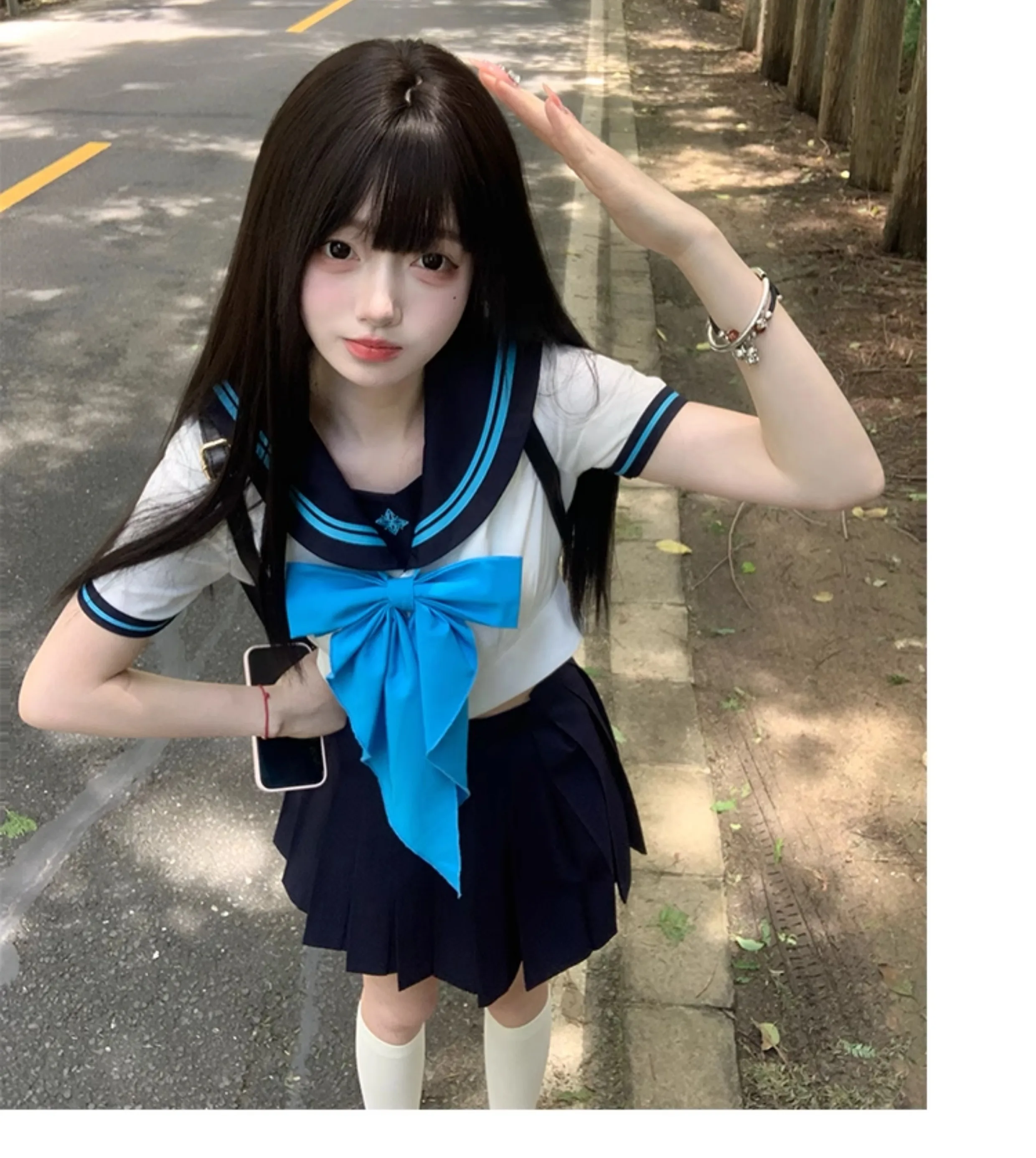 Japanese College JK Sailor Uniform Slim Summer New Striped Splicing Cute Bow Collar Top Temperament Sweet Versatile Short Skirt