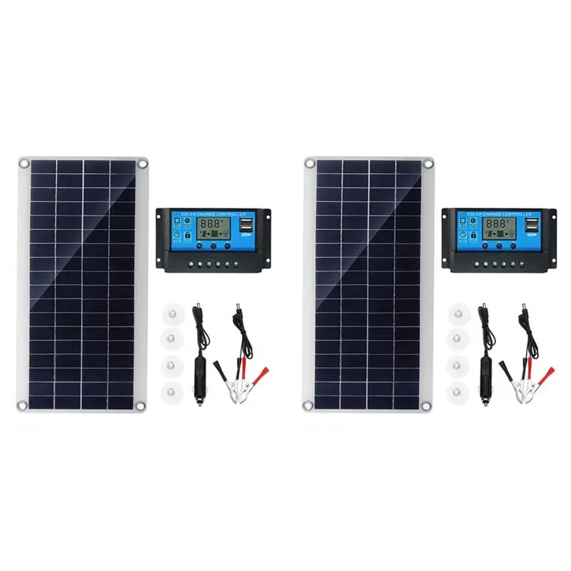 ABGE-2X 30W Flexible Solar Panel Solar Cells For Car RV Boat Home Roof Van Camping Solar Battery, 10A Solar Controller Module