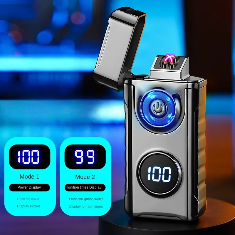 New Outdoor Lighting Dual Arc Digital Display Lighter Metal Windproof Type-C Fast Charging Rechargeable Cigarette Lighter