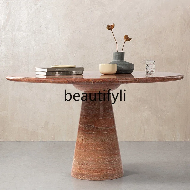 xzxNatural travertine dining table designer household dining room table Italian wabi-sabi wind light luxury round dining table