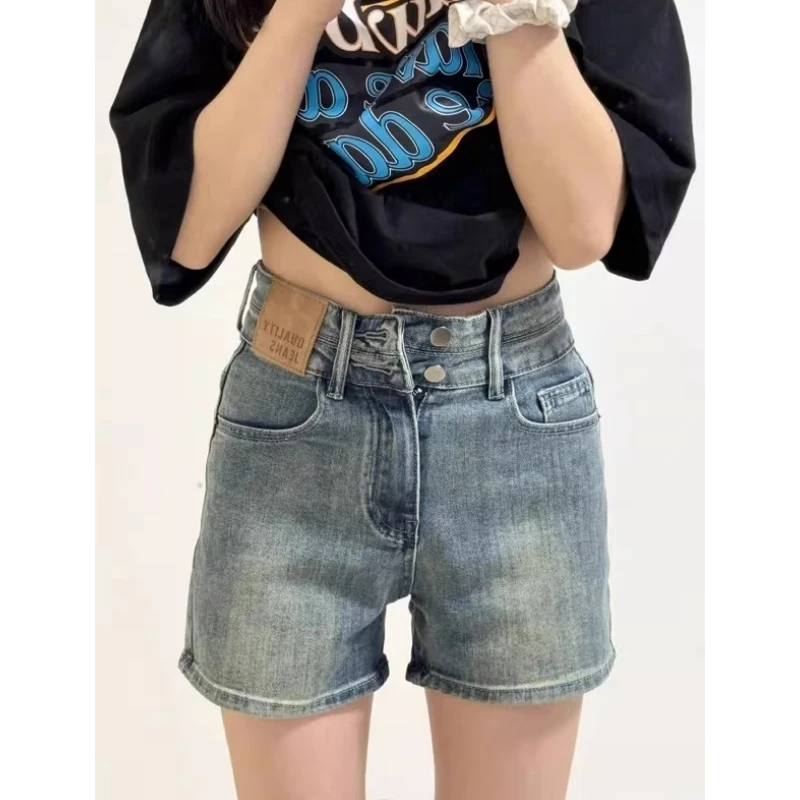 

Blue Design Double-Buckle High-Waist Denim Shorts Women's Summer Butt-Less Exposed High Waist Shorts Thigh-High Heat Shorts
