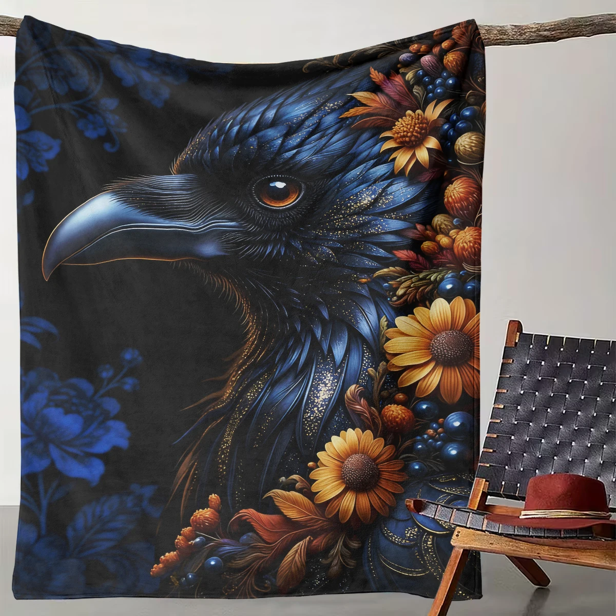 

1pcs dark blue gilt crow flower cluster blanket retro forest style artistic gorgeous decorative blanket
