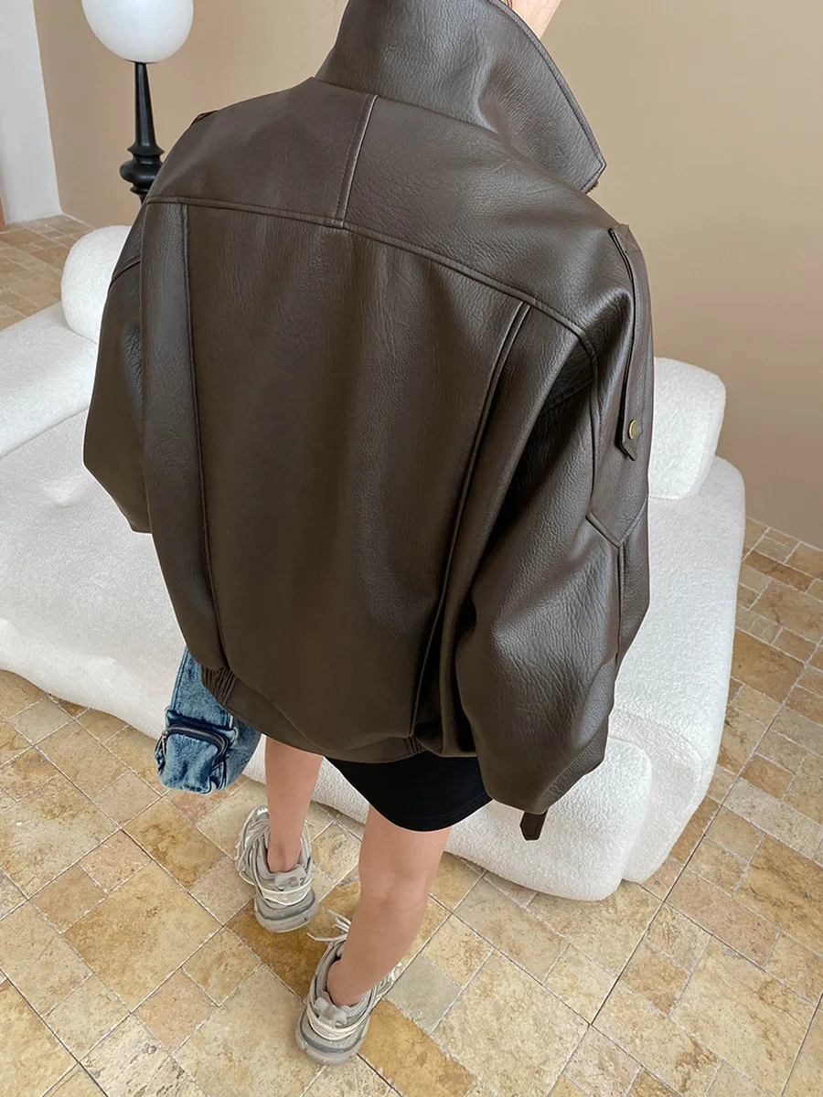 女性用オートバイPUレザージャケット,ダブルネックデザイン,スラントジッパー,ルーズカジュアルコート,春