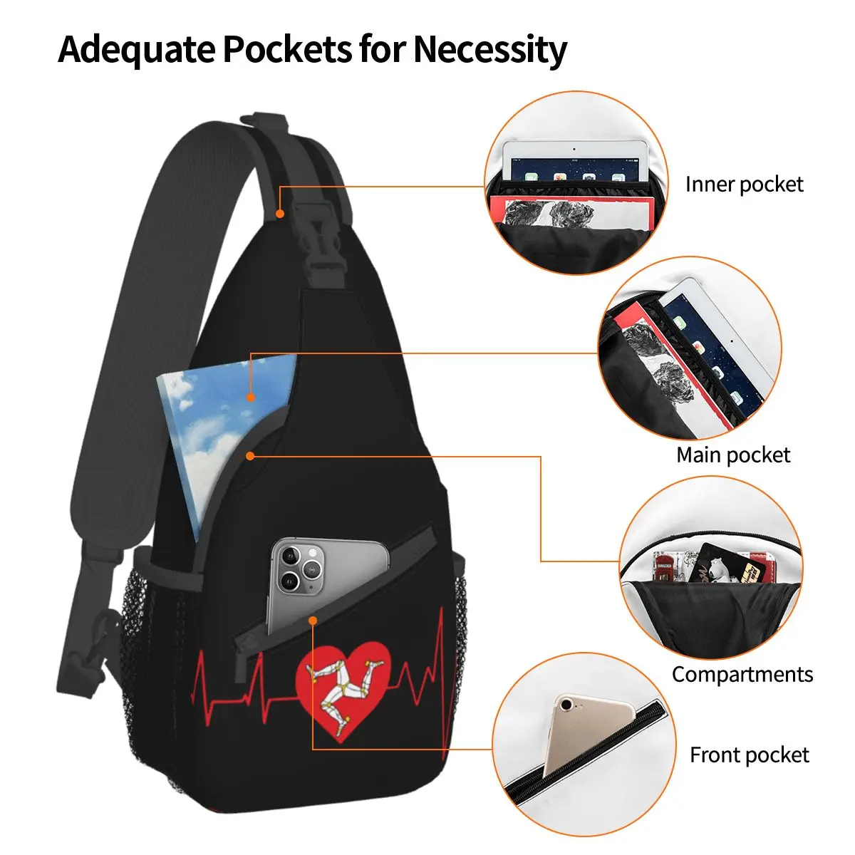 Isle Of Man Flag Small Sling Bag Chest Crossbody Shoulder Sling Backpack Hiking Travel Daypacks Heartbeat Motorcycle Casual Bag