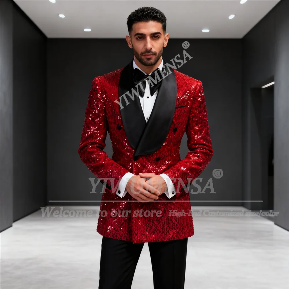 

Сверкающие костюмы с блестками, мужские костюмы для свадьбы, двубортный пиджак для выпускного вечера, индивидуальные комплекты из 2 предметов, смокинги для жениха, наряды Ropa Hombre