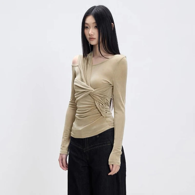 CUTENOVA خريف جديد وصول المرأة بلون الملتوية غير المتماثلة تصميم كم طويل سليم صالح علوي بسيط وأنيق عادية المحملة