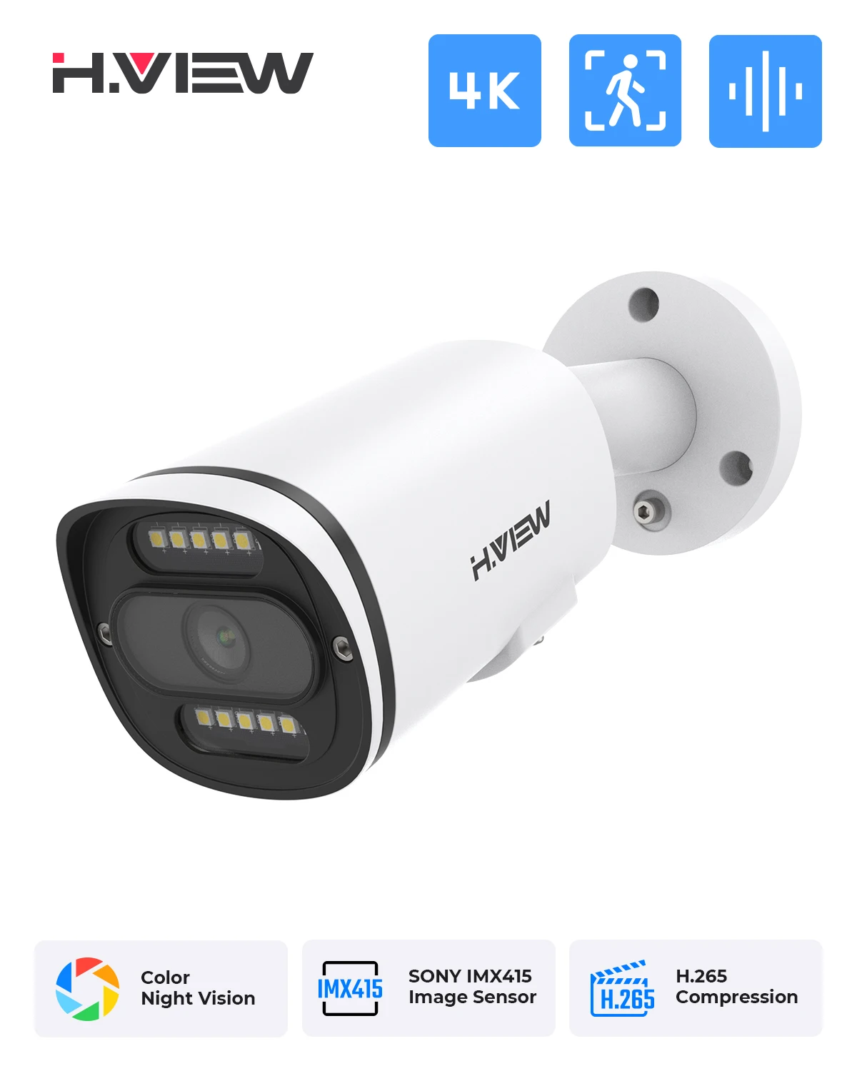 H.View-Câmeras de Segurança CCTV, Full Color, Visão Noturna, 8MP, Câmera IP Poe, 4K, 6MP, Exterior, Áudio, Vigilância por Vídeo para Sistema Nvr