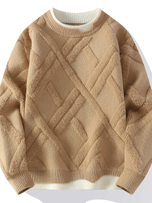 

Мужской зимний вязаный свитер в клетку с круглым вырезом, имитация двухслойного дизайна, молодежный, стильный, теплый, мягкий, из полиэфирного волокна