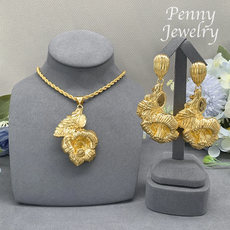 Nigerian Dubai 24K Gold Plated Jewelry Set Women Unique Choker Flower Pendant Necklace Drop Earring Bridal Party Wedding Gifts