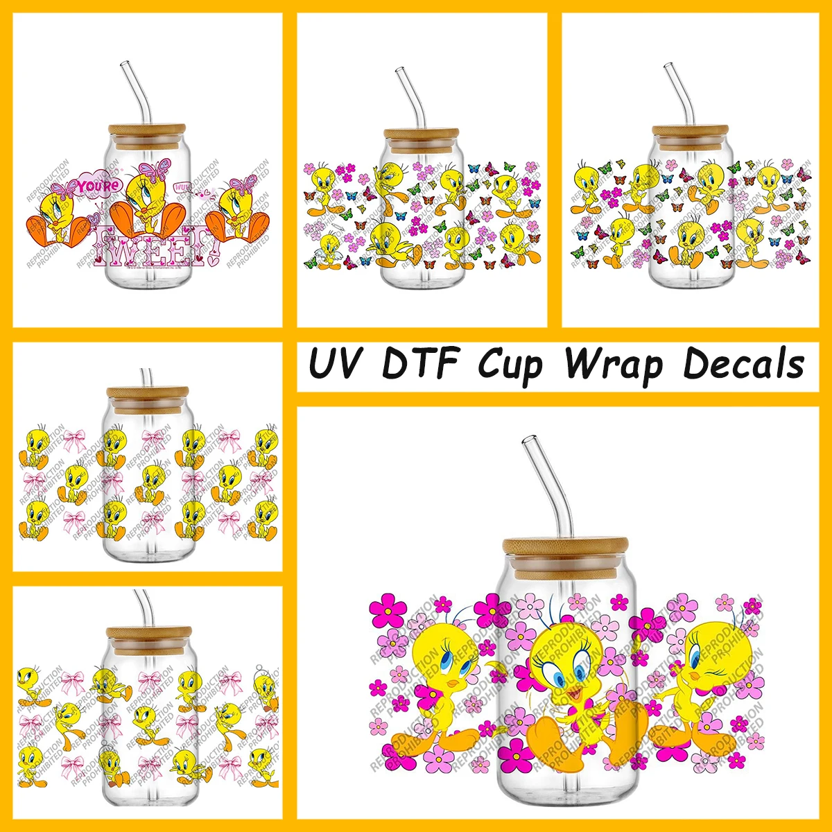 

Cutest Yellow Canary Cartoon UV DTF Wrap Cup Transfer Sticker 16oz Libbey Can Bottle Decals Cold Transfer Mug Phone Stickers