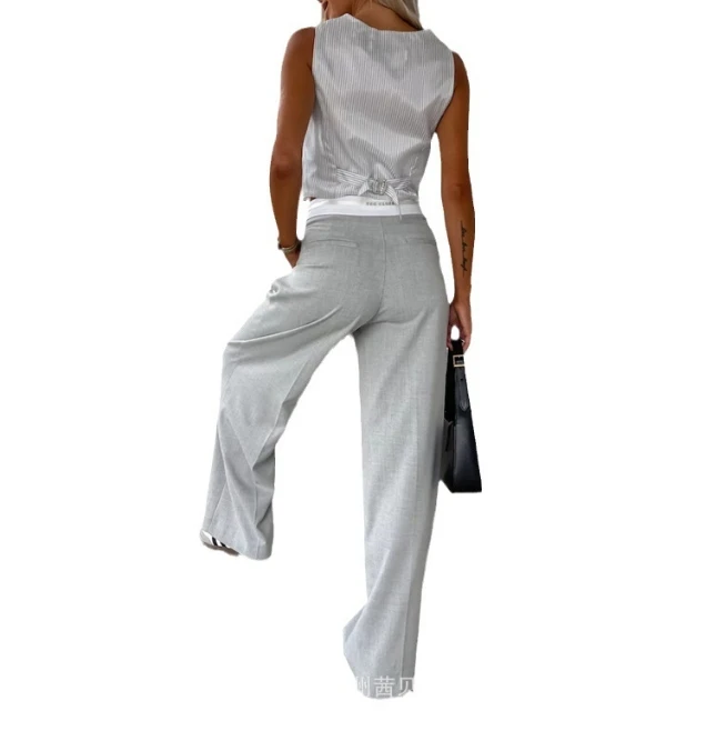 Summer Two Piece Set for Women 2024 Fashion Sleeveless Striped Vest Blazer Top and Ruched Wide Pants Set Street Office Suit