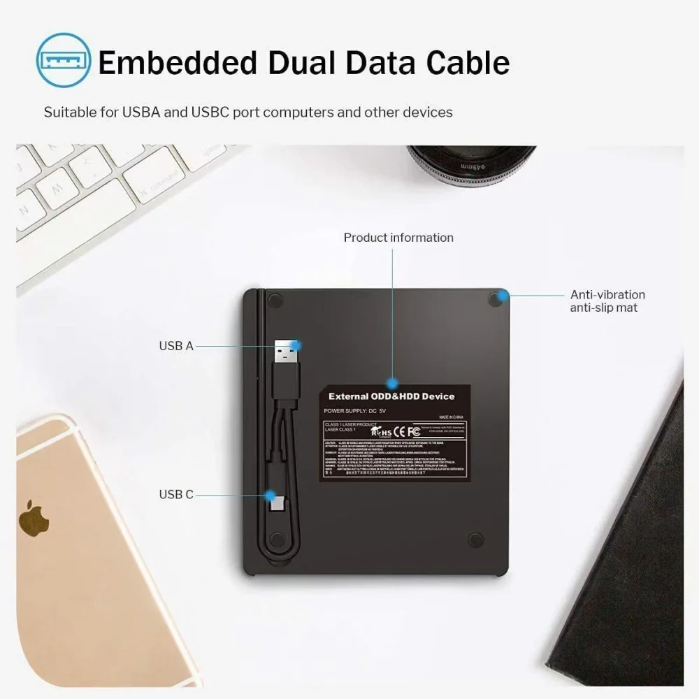 Unidade Blu-ray externa 5 em 1, unidades ópticas portáteis BD-RW BD DVD CD Burner Player Leitor para laptop PC Windows 11/10 Mac