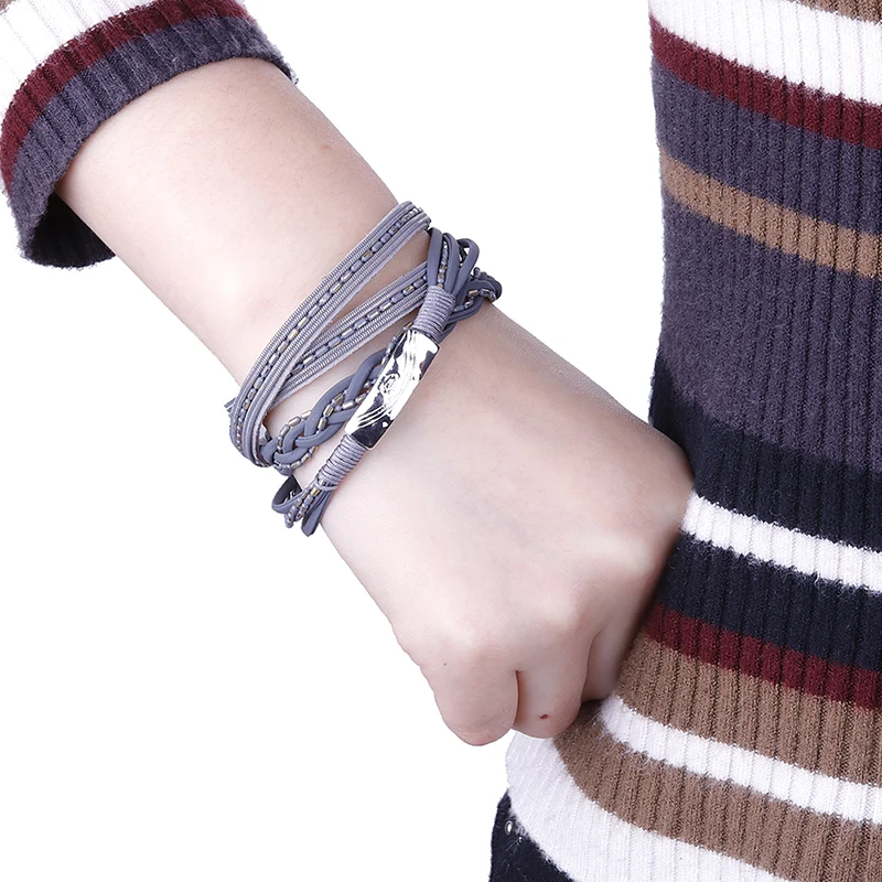 

Amorcome Vintage Grey Long Leather Bracelet For Women Lady Charm Braided Rope Wrap Bracelets Bangles Fashion Wrist Jewelry Gift
