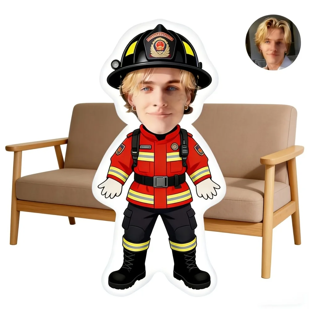 1Pc Personalized Custom Face Photo Fun firefighter Throw Pillow, Double-Sided Design,Soft Plush Cushion with Insert,Perfect Gift