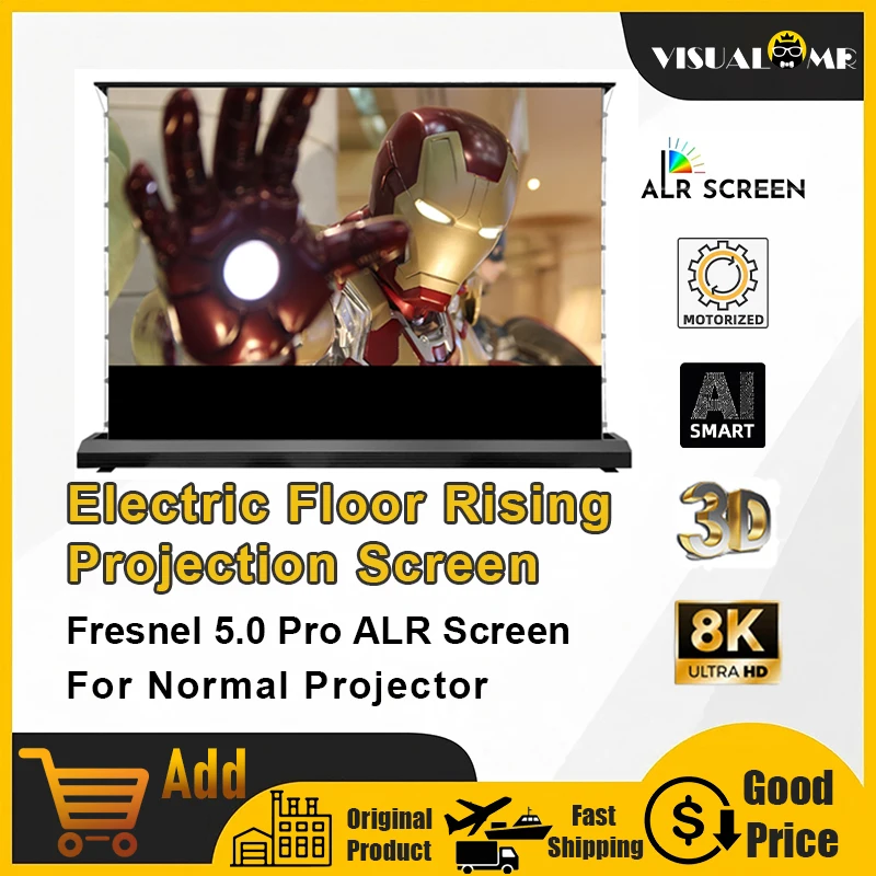 New Electric Floor Rising Fresenl 5.0 Pro ALR Projector Screen 100inch Motorized Tab Tension Roll-up 8K HD for Normal Projectors