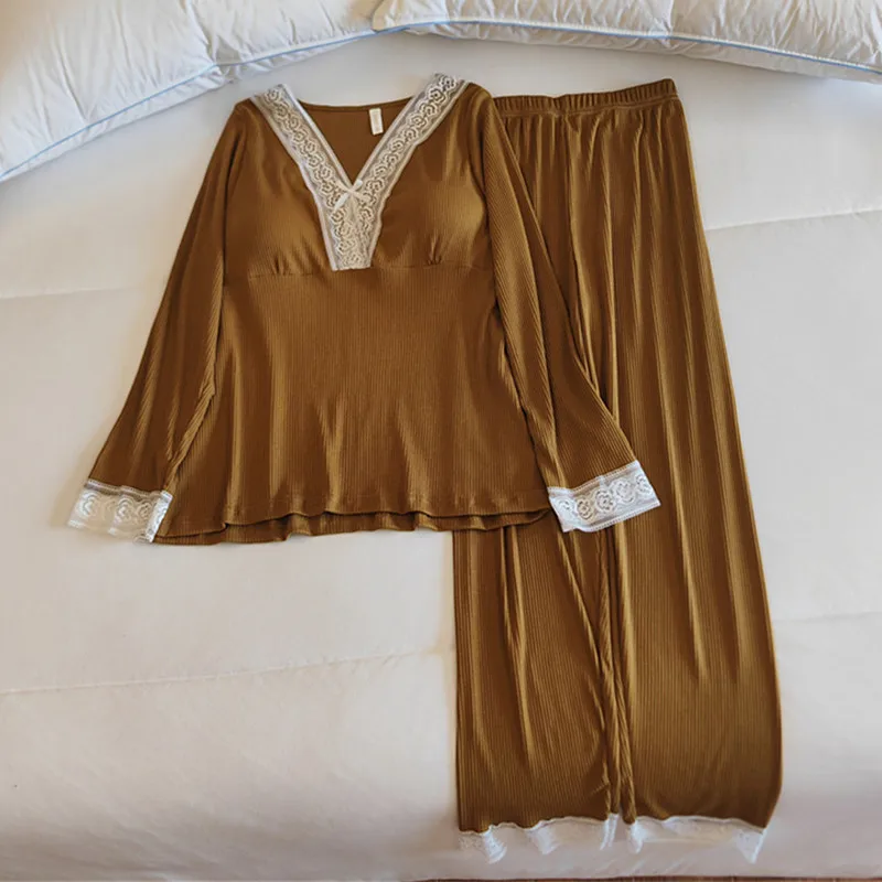 

Conjuntos De Pijama Home Clothing For Women Lace Modal Sleepwear Set Lounge Autumn Winter Chest Pad Pajamas Ladies Night Wear