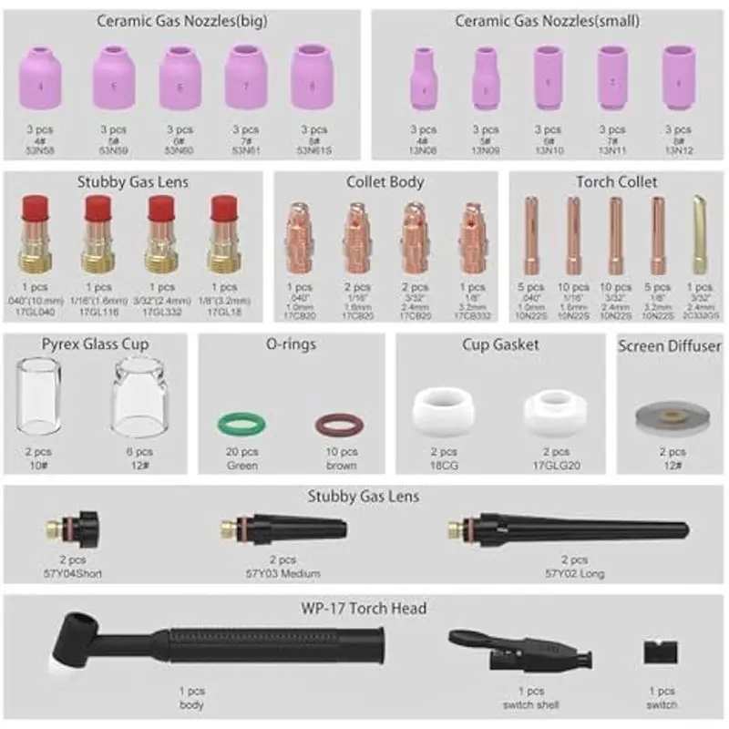 TIG Torch Accessories Kit TIG Welding Torch Consumables For WP-17/18/26 Nozzle Collets Body Stubb Stubby Gas Lens Glass Cup Kit-