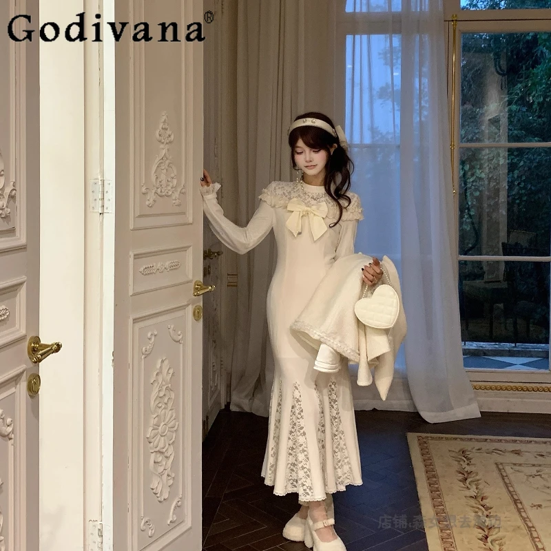 

Ladies Sweet Gentle Long Bow Dress Autumn Winter Clear Tie Slimming Dress Women's Japanese Style Lolita Bodycon Dress