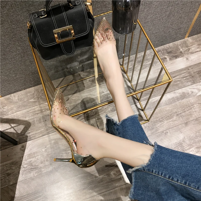 New rhinestone transparent French high heels for women, slim heels, pointed toes, versatile, internet famous, sexy single shoes