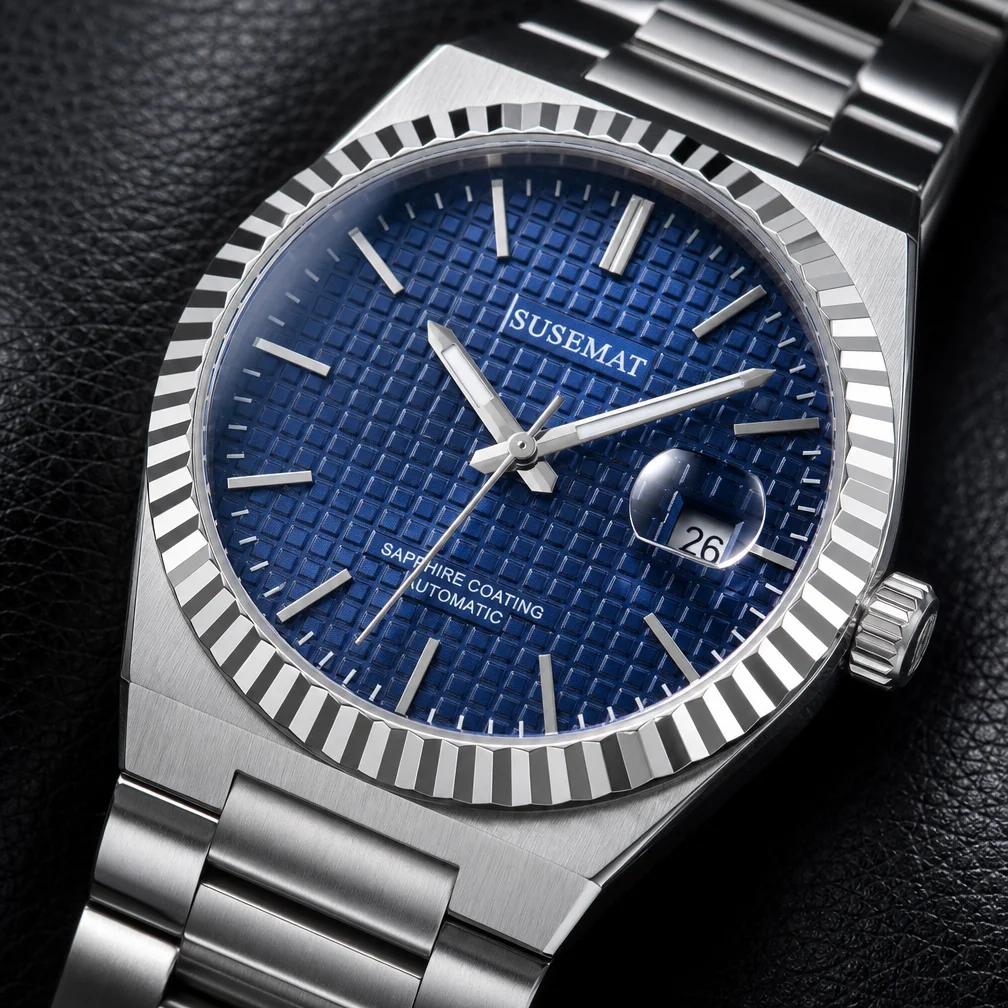 Automatic Mechanical Watch with Seagull Movement Sapphire Crystal Steel Case 40mm Diameter 11.5mm Thickness Calendar and Fluted