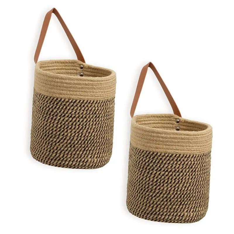 PZHI Hanging Wall Basket Set of 2, Decorative Woven Storage Baskets with Leather Handles, for Organizing, Home Decor, Entryway,