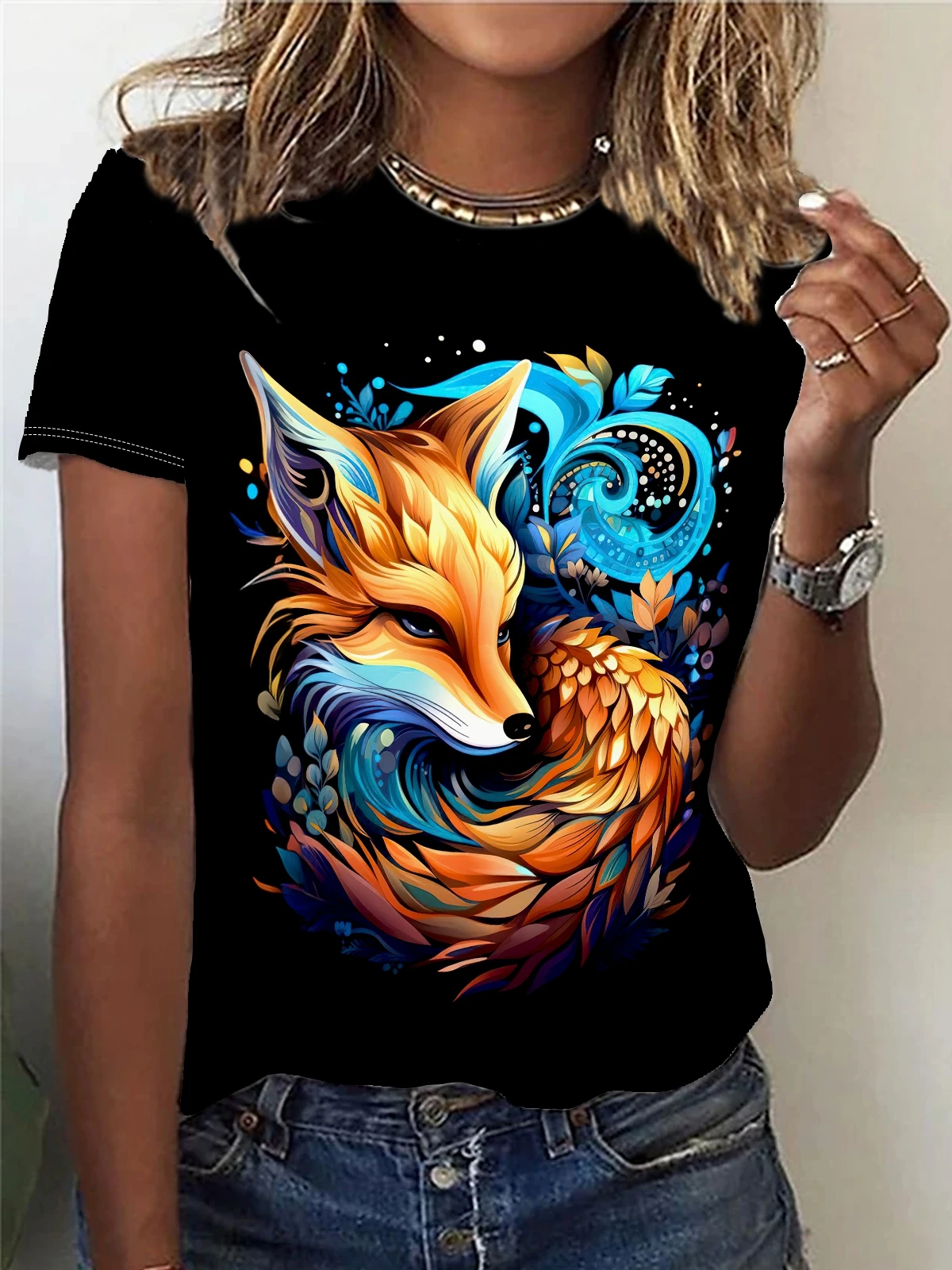 Colored Fox Print T-shirt, Casual Crew Neck Short Sleeve Top For Spring & Summer, Women's Clothing