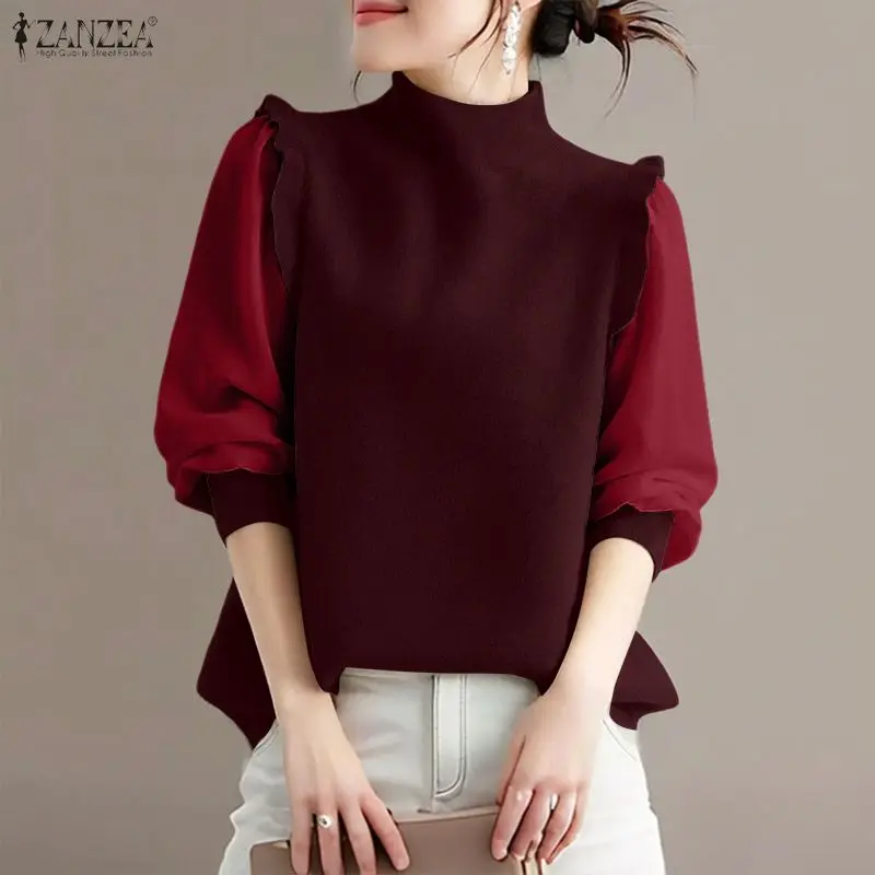 

Women Spring Patchwork Blouse 2026 ZANZEA Stylish Solid Knitted Shirt Casual Long Sleeve Tops Elegant Stand Neck Work Pullovers