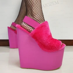 LAIGZEM Women Sandals Platform Wedges Elastic Band Slip On 20CM High Heels Pumps Fluffy Lady Shoes Woman Big Size 41 44 46 48