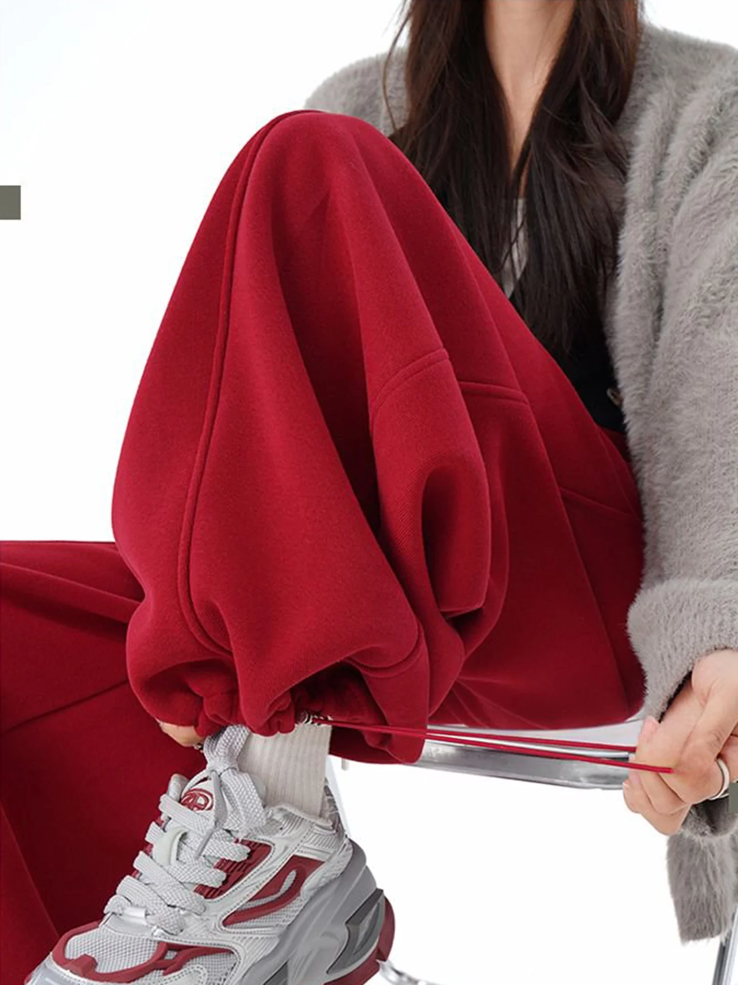 Czerwone spodnie dresowe z szerokimi nogawkami, z podszewką, damskie, z wysokim stanem, prosty krój, sportowe spodnie dresowe, do pracy, styl koreański.