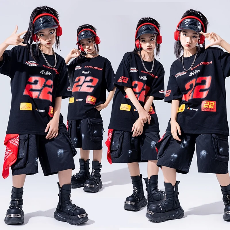 2025, neue Hip-Hop-Tanzkostüme für Mädchen, lose T-Shirts, schwarze Shorts, Outfits für Jungen, Jazz-Performance-Show, Bühnenkleidung DQS 19873