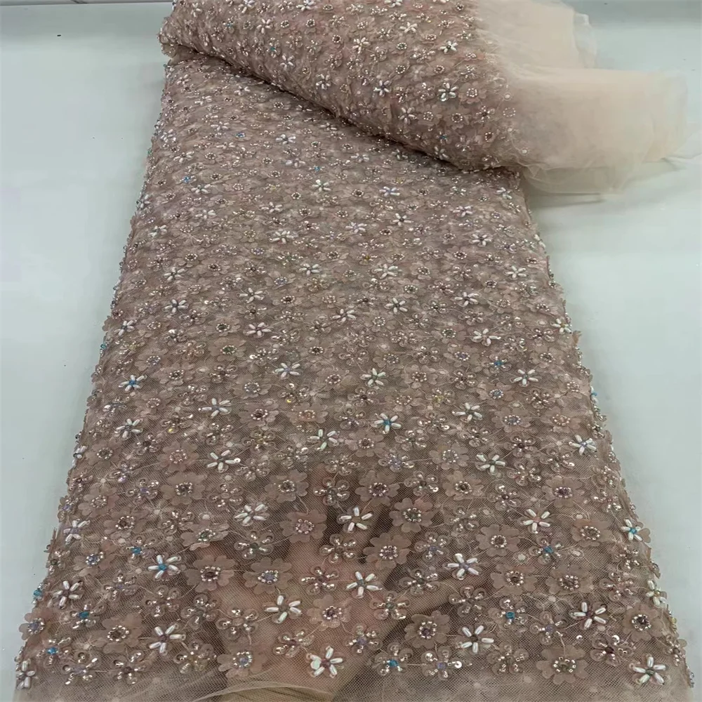 3D Nigerian Luxury Sequins Beaded Lace Fabric 2024 High Quality African French Tulle Lace Fabric For Wedding Party Dress 2ZX4005