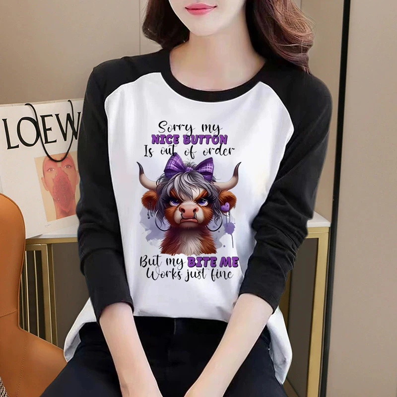 Langärmliges T-Shirt für Damen mit schottischem Highland-Kuh-Motiv, lässiges T-Shirt, grafische Oberteile mit der Aufschrift „Sorry My Nice Button Is Out of Order“