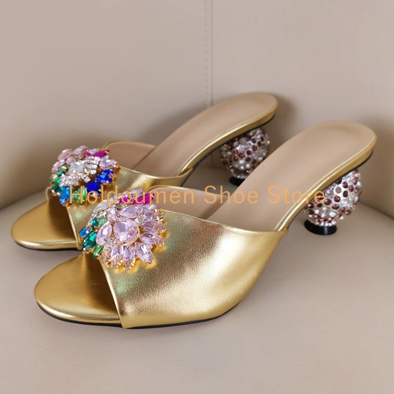 Pink Glittery Leather Vintage Crystal Flower Embellished Slippers Peep Toe Rhinestone Ball Heels Slippers Summer Gorgeous Shoes