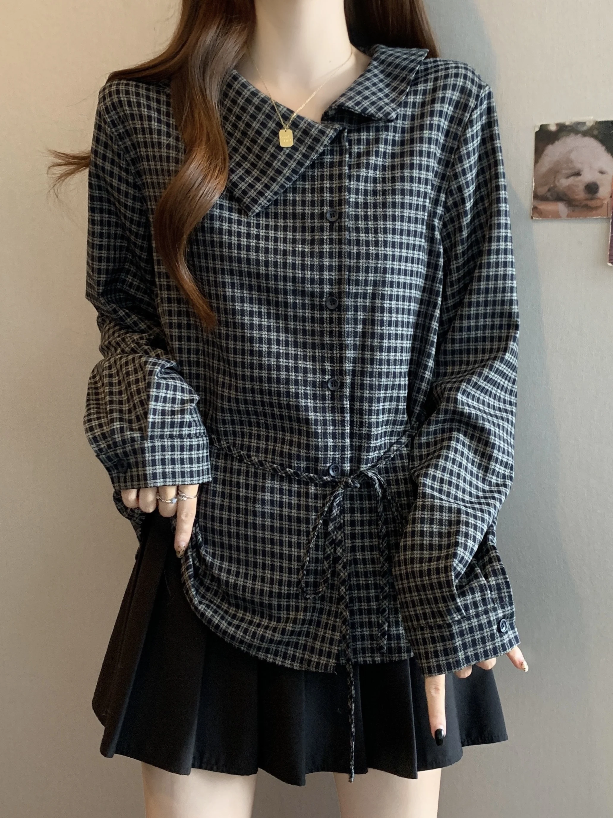 

plus Size Women's Thiened Long Sve irt Irregular Collar Waist Cinching Belly Covering Plaid Top Korean Sle Loose Fit