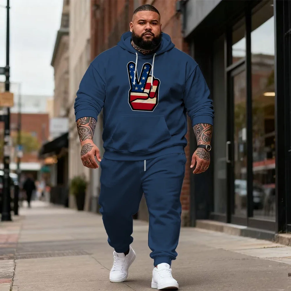 Men's Plus Size 2 Piece American Flag Chest Graphic Pullover Hoodie and Plain Jogger Pants Set for Fourth of July Parties, S-9XL
