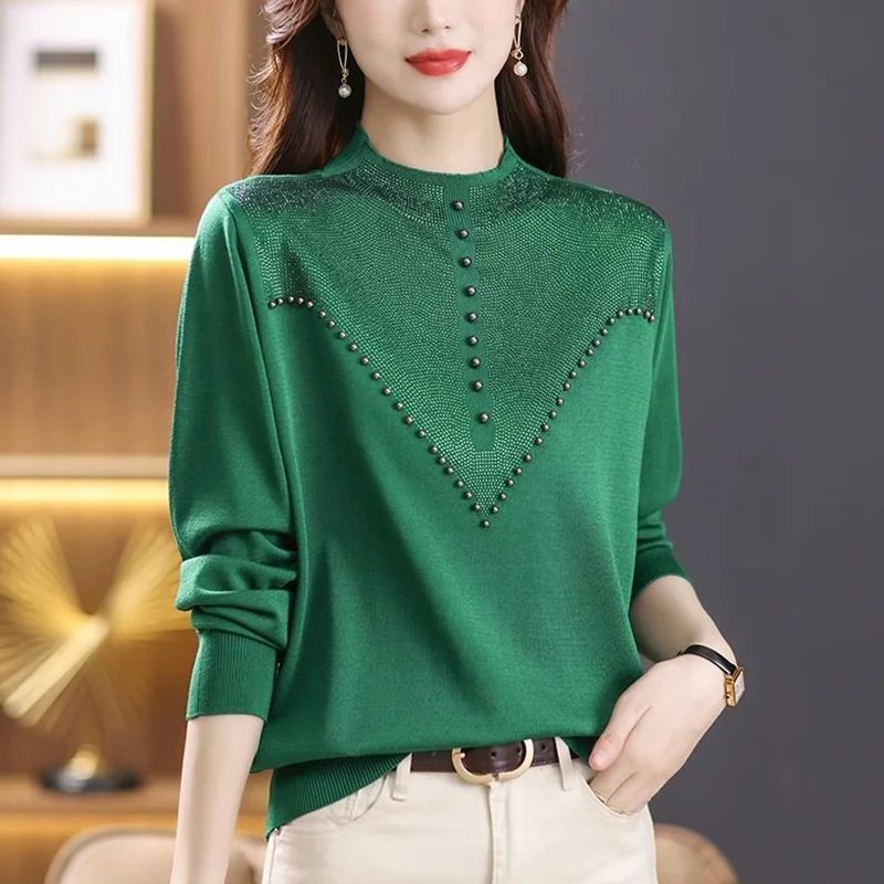 Elegant Solid Color Spliced Diamonds Beading Blouse Women's Clothing 2023 Autumn New Casual Pullovers Loose Office Lady Shirt