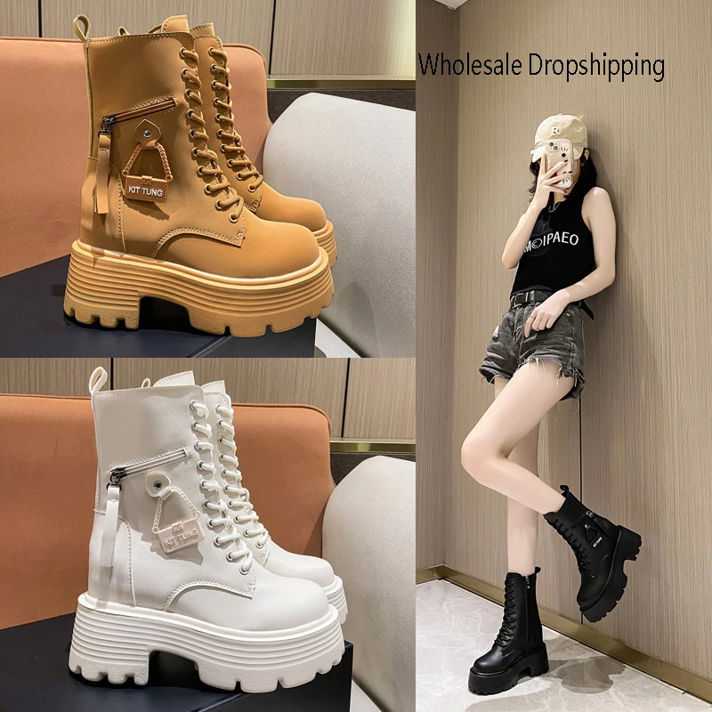 New 2023 Autumn Platform Mid-calf Boots  Women Thick Sole Winter Leather Punk Shoes Chunky Motorcycle Boots Woman