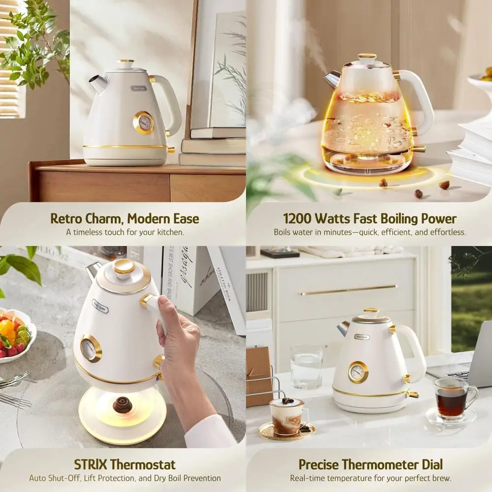 

1.7L Stainless Steel Electric Kettle, Fast Boiling, Thermometer, 1200W, BPA-free, Cordless, Auto Shut-Off, Pearl White